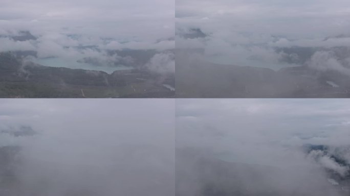 航拍云雾缭绕的新疆喀纳斯湖