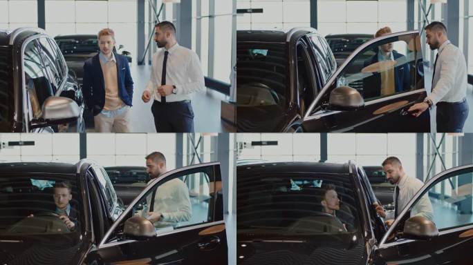 汽车销售员向男性顾客展示新款跨界车
