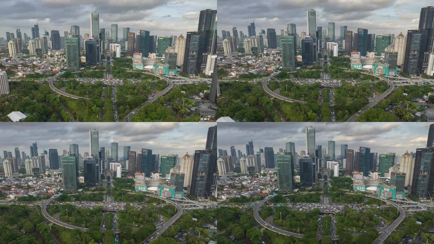 白天雅加达市区交通街道道路交汇处航拍全景4k延时拍摄印尼