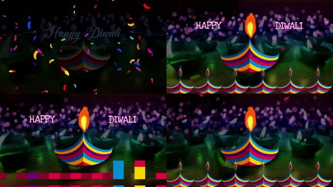 快乐排灯节动画印度灯节视频模板。印度排灯节装饰和迪亚灯轻火焰运动，燃烧油灯夜效果，4k视频彩色背景和