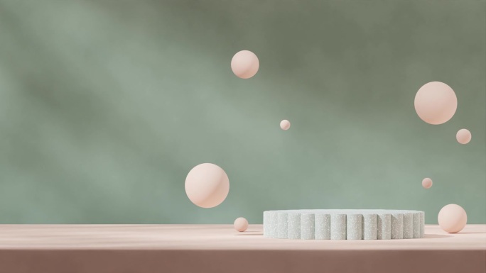 场景模拟绿色水磨石平台与循环无缝阴影动画杏球和绿色墙，3d素材渲染