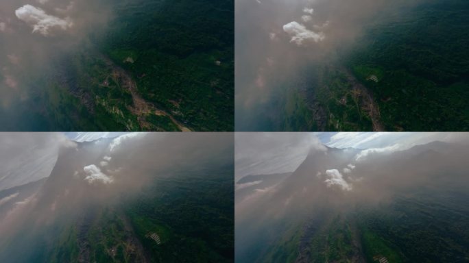 喷发火山柱灰烟，活火山峰火山口自然如画