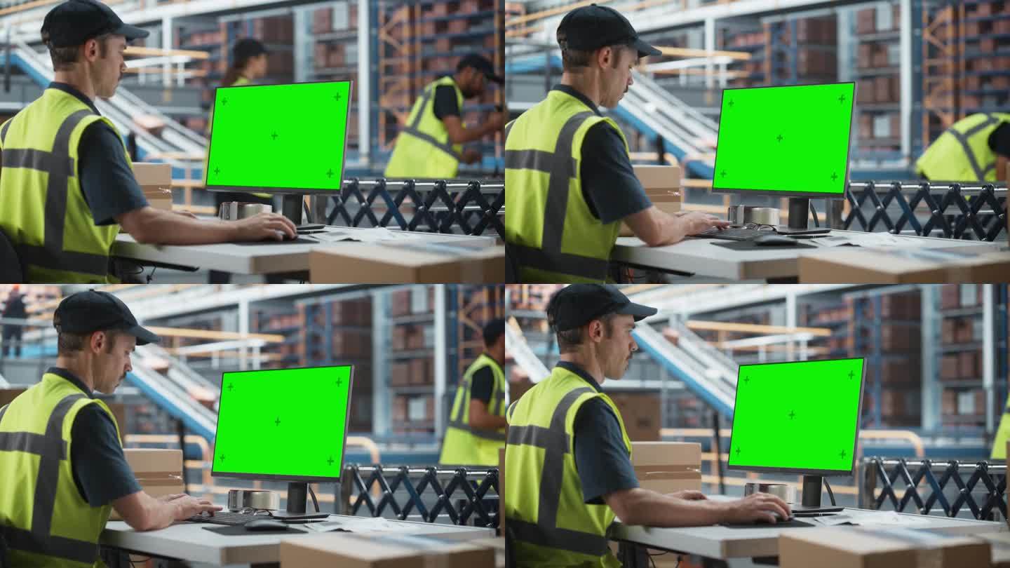 白人男性配货助理在配货设施使用绿屏Chromakey台式电脑。多种族男性仓库工人扫描纸板箱上的条形码