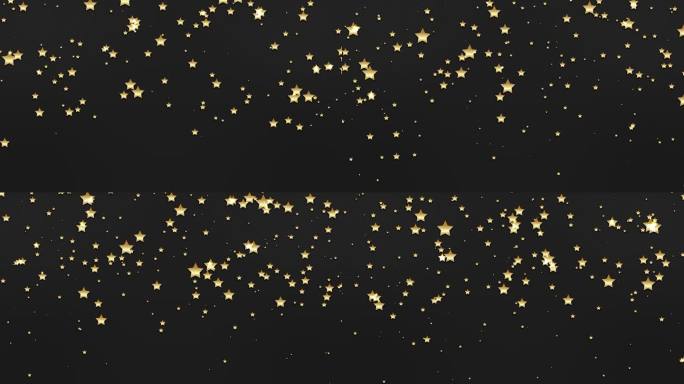 金色的星星落在黑色的背景上。星星五彩纸屑粒子降雨动画。星星坠落的循环动画。卡通金色的星星从天而降