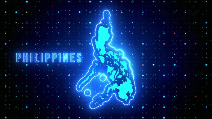 未来的蓝色闪耀菲律宾等高线地图和标签文本发光霓虹灯耀斑运动揭示与星星闪耀网格
