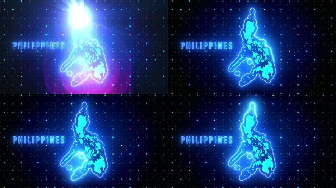 未来的蓝色闪耀菲律宾等高线地图和标签文本发光霓虹灯耀斑运动揭示与星星闪耀网格