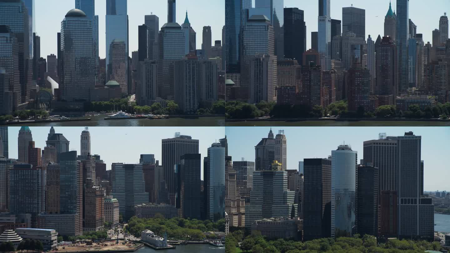 曼哈顿下城建筑鸟瞰图。从直升机上拍摄华尔街金融区全景。哈德逊河水运办公楼景观