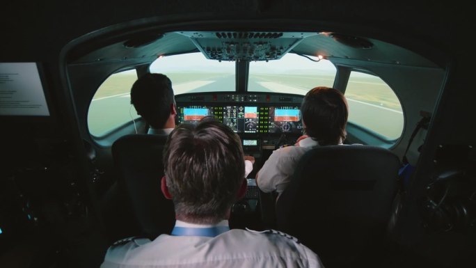 学生飞行员在飞机模拟器中与教官一起在跑道上进行着陆训练