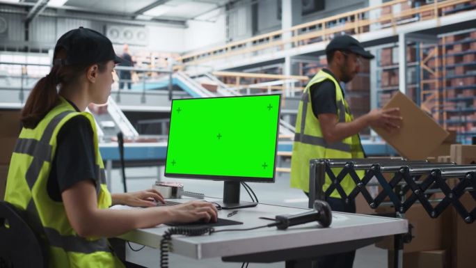 白人女配货员在配货仓使用绿屏Chromakey台式电脑。男同事在分拣中心的自动传送带上装载纸板箱。