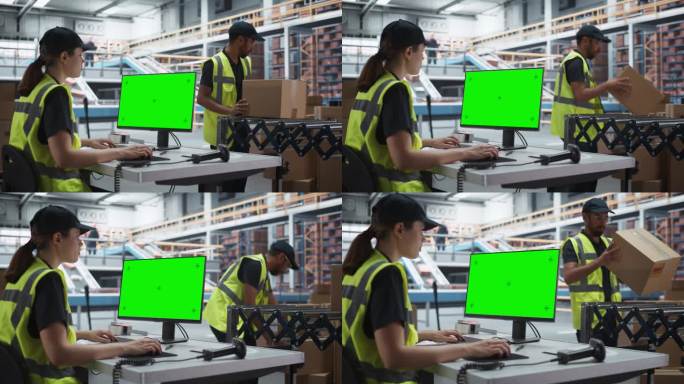 白人女配货员在配货仓使用绿屏Chromakey台式电脑。男同事在分拣中心的自动传送带上装载纸板箱。