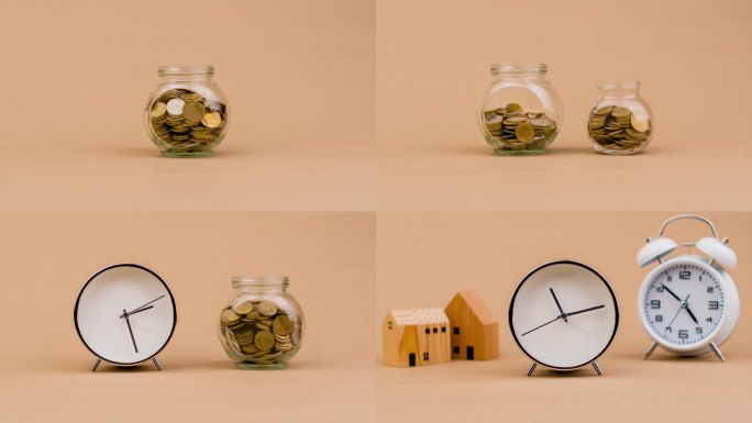 省钱和时间存钱在玻璃罐里存钱理财成长和投资理财信用理财规划业务和时间规划理财和时间自由、收入、投资、