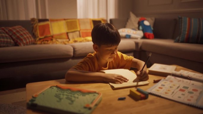 一个可爱的韩国小男孩的肖像，晚上在客厅的笔记本上思考和写作。创意男孩用想象力写故事，梦想成为一名作家