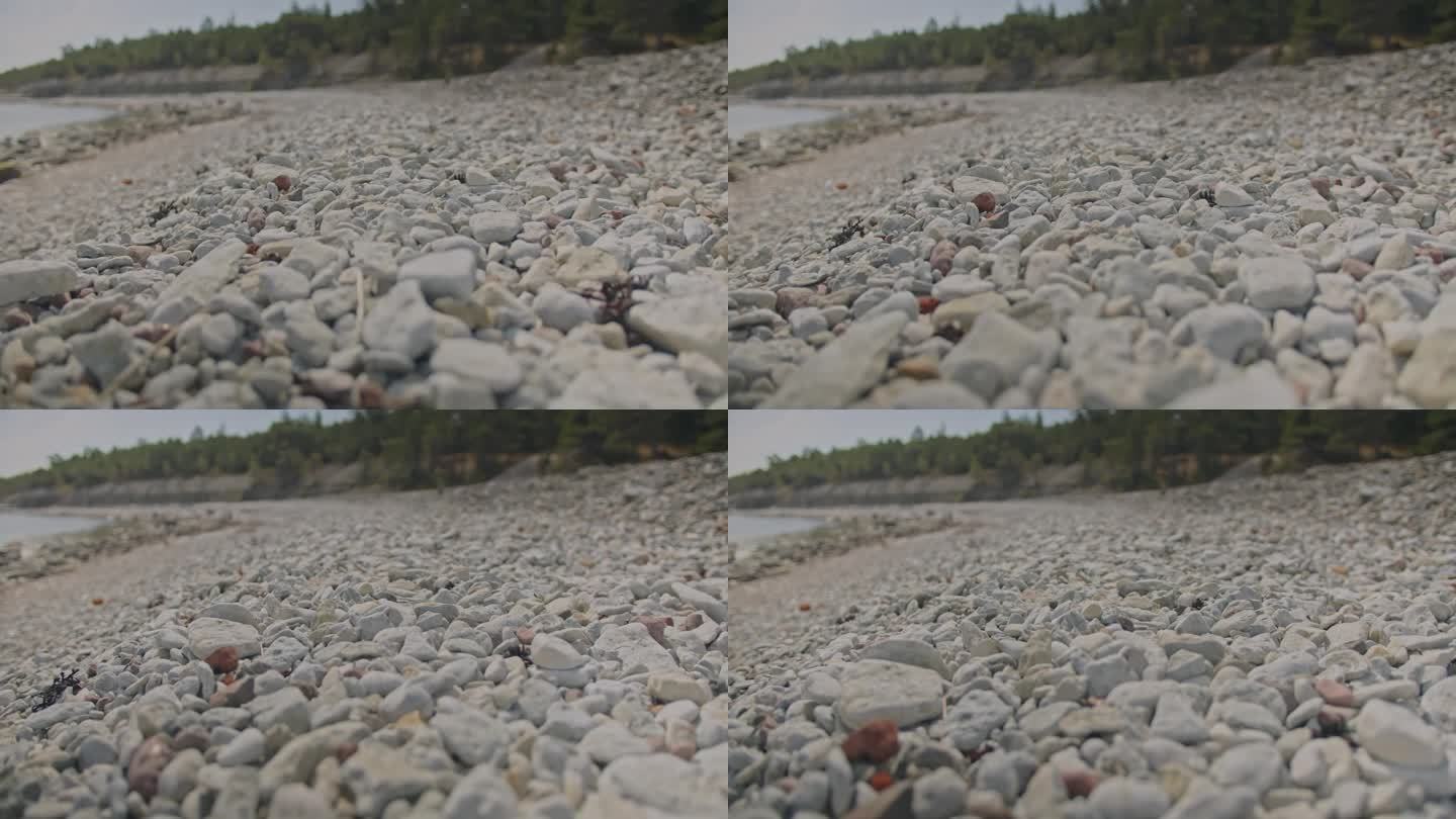 卵石滩。低角度平滑相机移动在小石头在晴天。清洁自然，气候变化和海滩度假的概念。