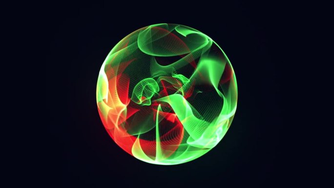 明亮的发光旋转粒子三维球体。虚拟助理动画。技术、科学、工程和人工智能背景。动画波能量球。绿色和红色。