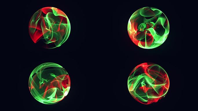 明亮的发光旋转粒子三维球体。虚拟助理动画。技术、科学、工程和人工智能背景。动画波能量球。绿色和红色。