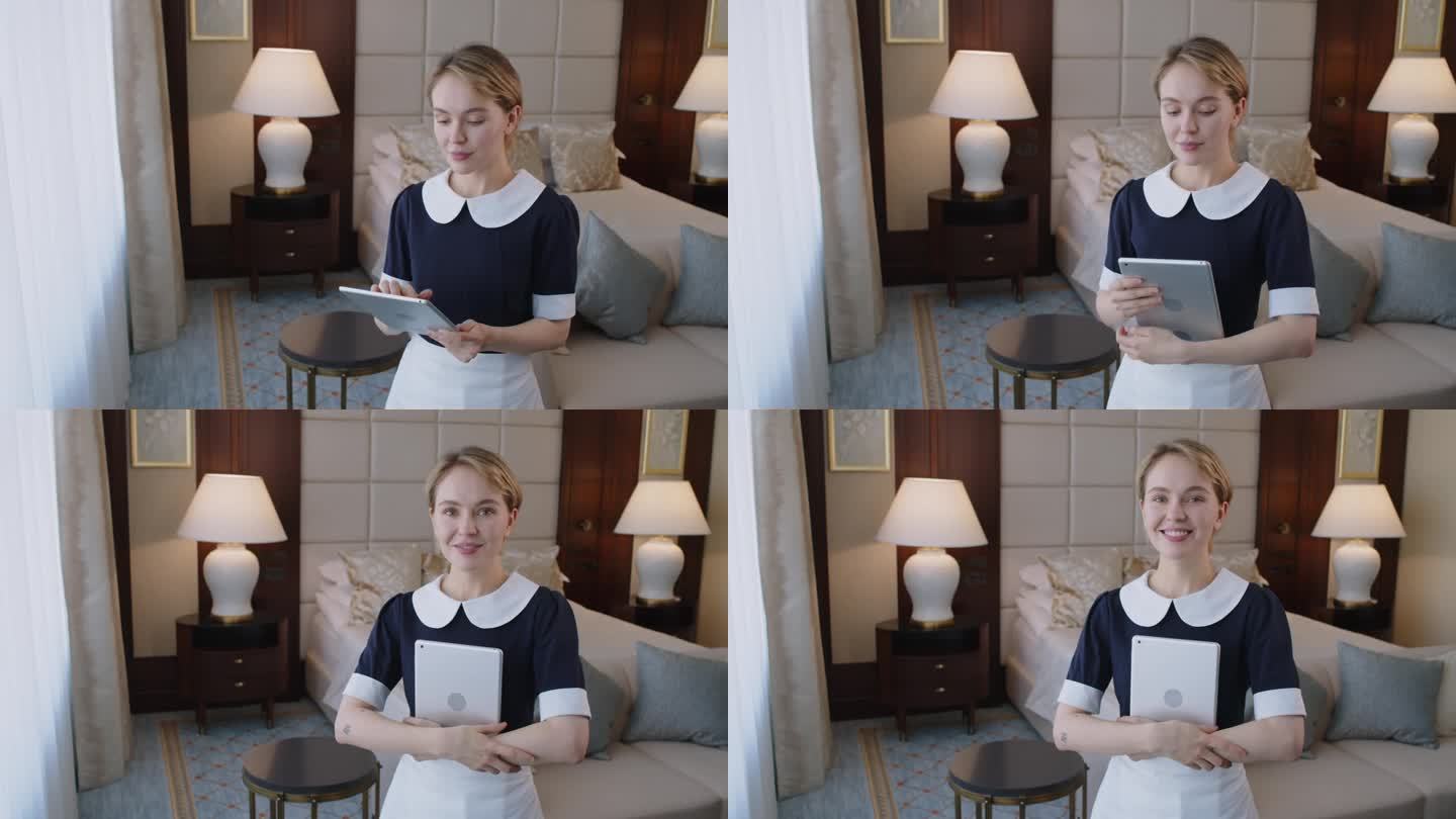 在酒店房间里，微笑的年轻女仆拿着数码平板电脑对着相机摆姿势