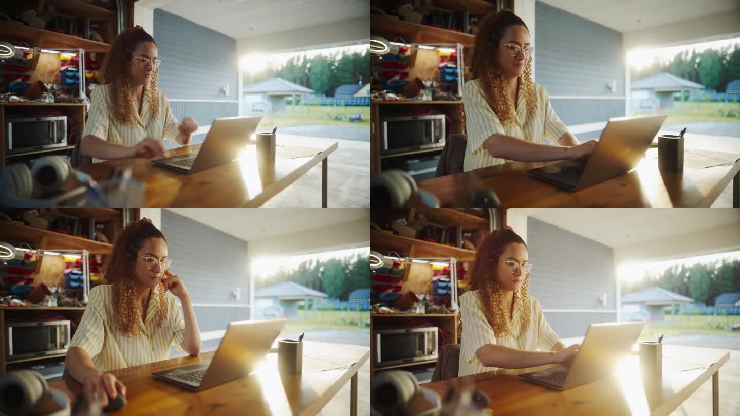 年轻的西班牙裔女性软件工程师在打开的车库用笔记本电脑编程。一位女士经营着一家创业公司，为企业提供创新