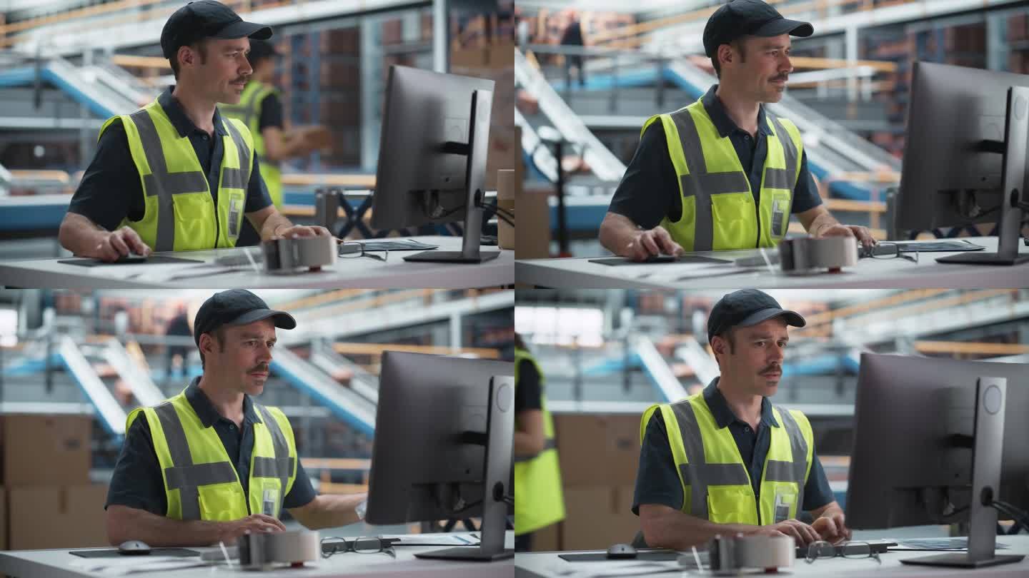 男高级经理在自动传送带仓库的台式电脑上检查库存。分拣中心的员工搬运箱子包装产品并运送给客户。