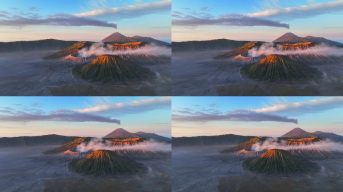 空中无人机日出场景移动的云，雾和烟雾的喷发覆盖火山Mts. Bromo, sememeru, Bat