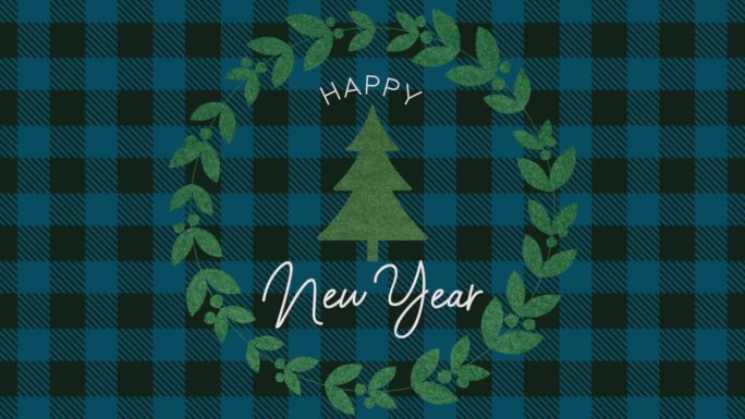 新年快乐用冬天的绿色圣诞树上的蓝色格子图案