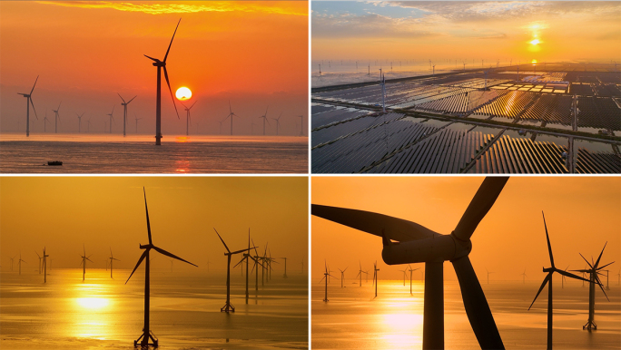 日出风力发电场航拍风车能源阳光经济发展