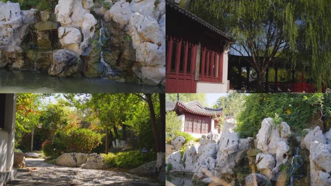4k江南中式庭院假山流水竹影视频素材