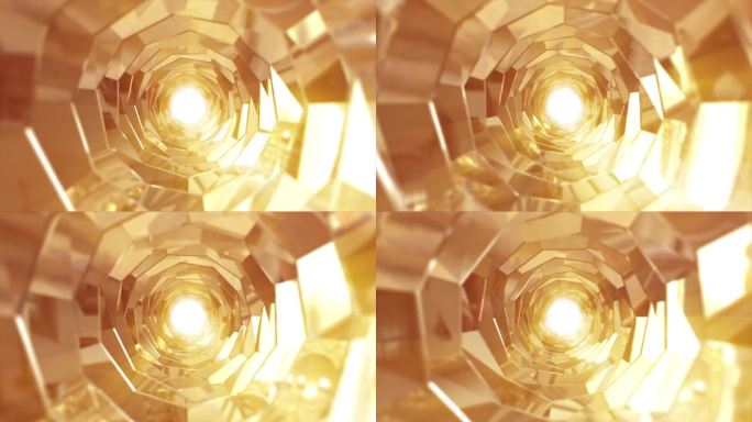 抽象的金色几何金属隧道与柔和的光反射和散景效果。明亮的金属管与金色的壁。阳光明媚的宇宙隧道。反射镜隧