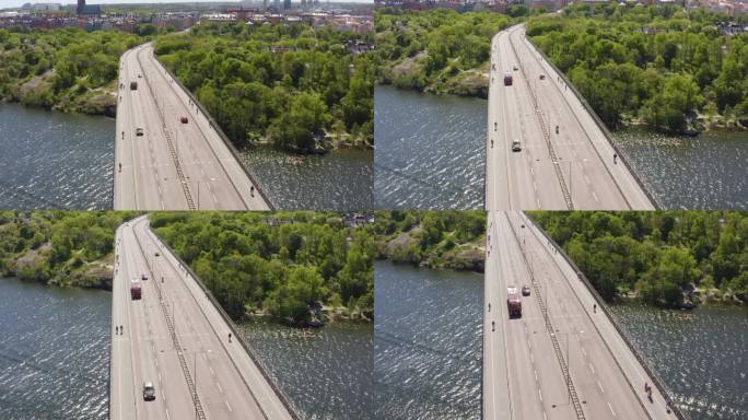 Västerbron大桥鸟瞰图，斯德哥尔摩的城市景观通过垂直的平面向上展开。
