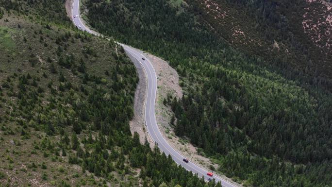 航拍盘山公路弯道行车