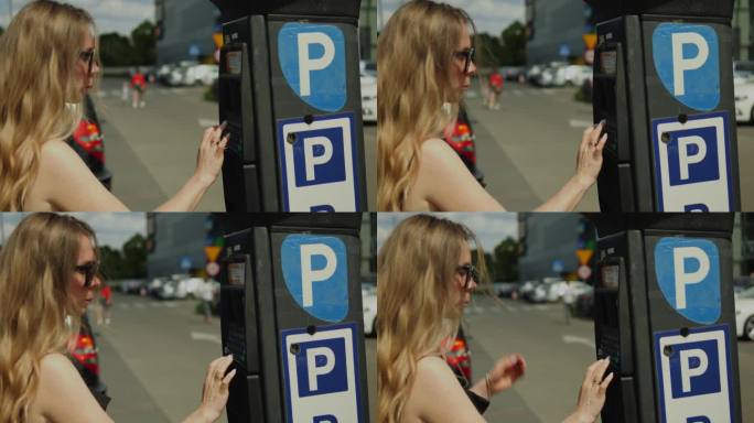 戴着墨镜的时髦女士在户外的停车计时器上输入车牌号码