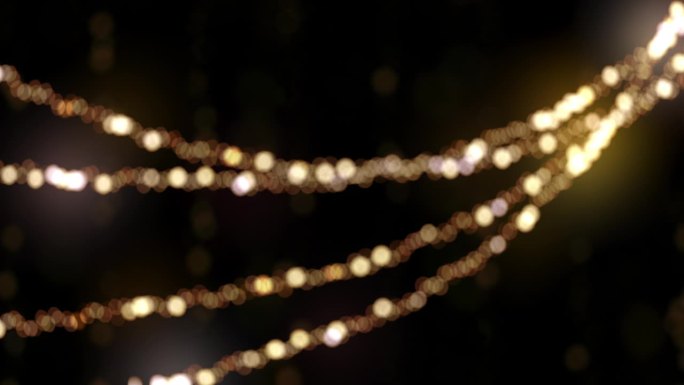 圣诞花环上装饰着明亮的灯泡，在一片漆黑中显得格外显眼。