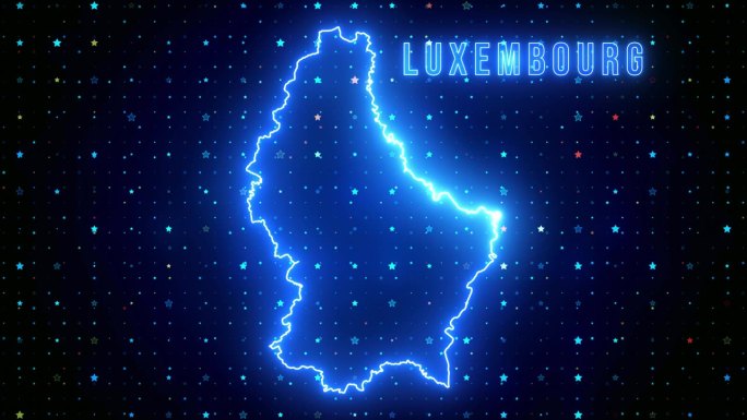 未来的蓝色闪耀卢森堡轮廓地图和标签文本发光霓虹灯耀斑运动揭示与星星闪耀网格