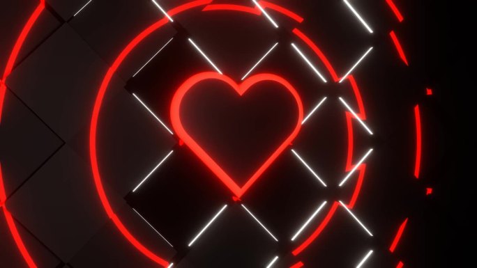 黑色和红色和白色霓虹灯发光全抽象心脏背景VJ循环在4K