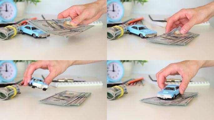 一个女人把一叠钱放在桌子上，旁边是一台微型打字机，视线很浅。汽车保险和贷款的概念。