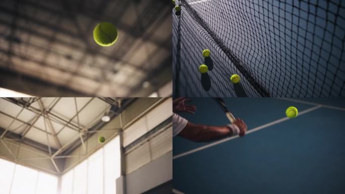 网球场打网球撞网滚动升格慢镜头