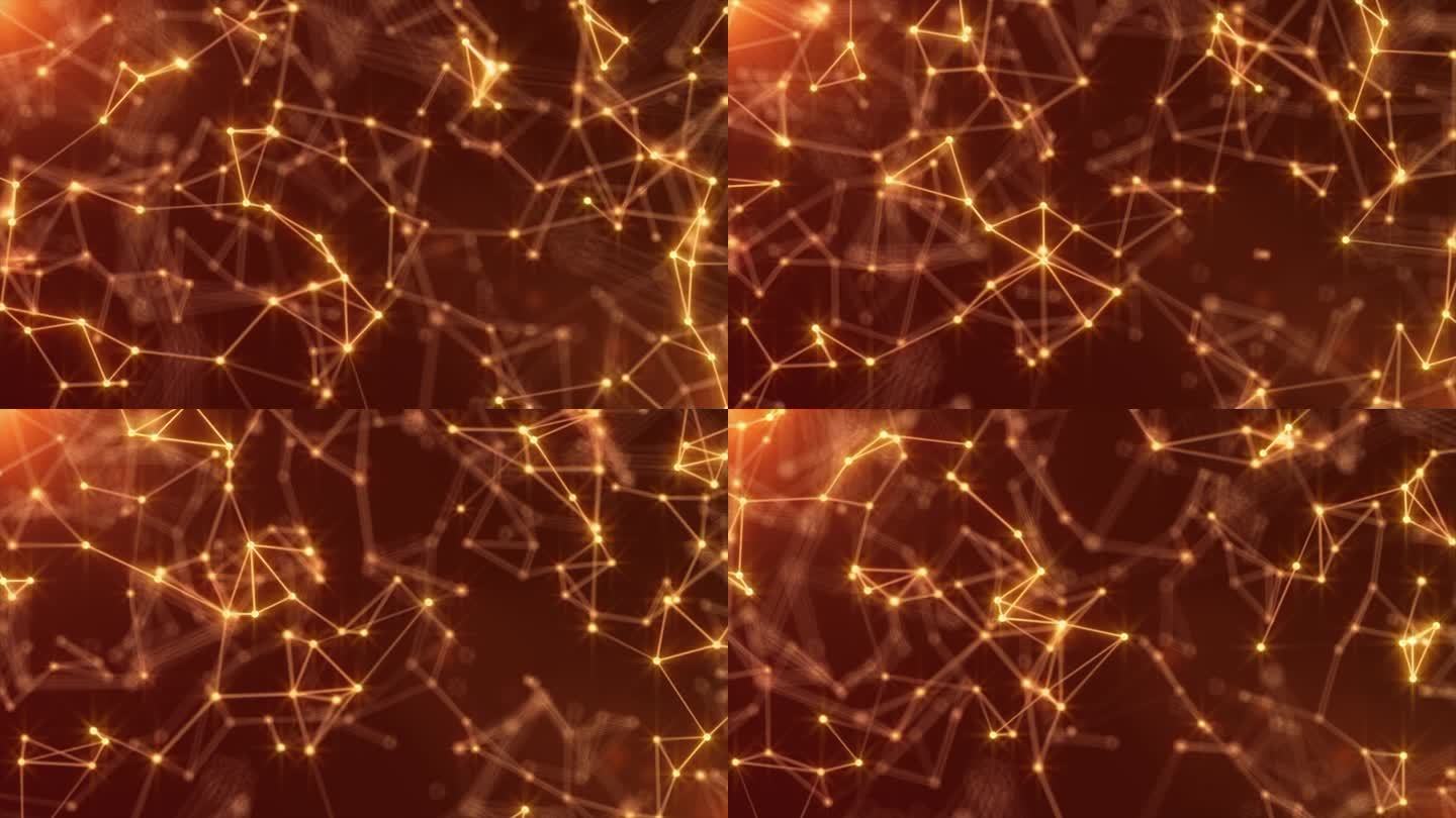 抽象的数字丛背景的金色闪亮的线和点。极简的几何背景。圣诞彩灯花环。科学、技术背景。网络连接结构，业务
