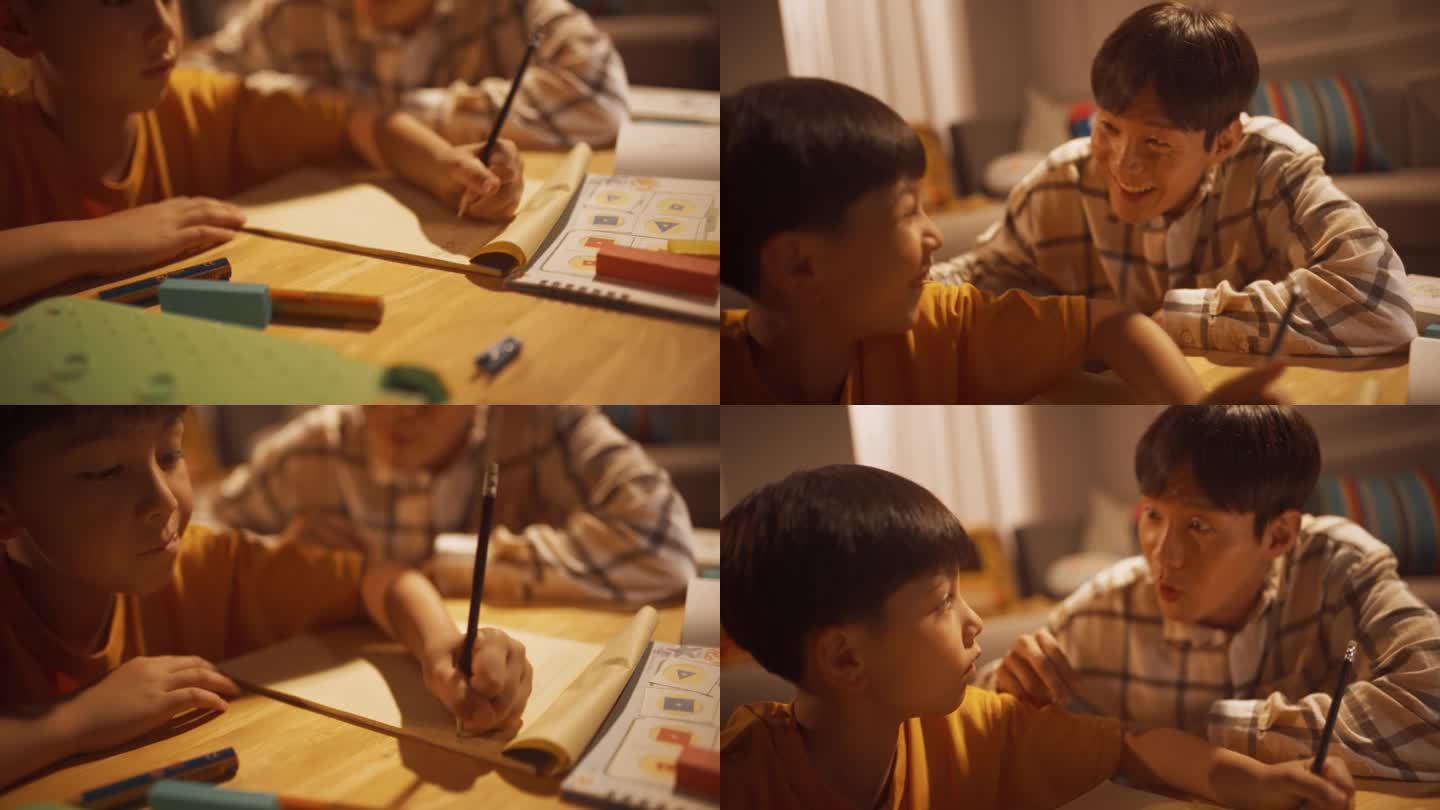 聪明的小男孩做作业的肖像，乐于助人的父亲教他数学，科学，几何。专注的孩子学习，努力学习。韩国家庭做什