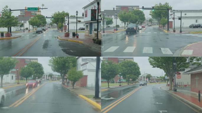 飓风的威力和汽车在雨中行驶。多佛尔市中心的阴雨天气。驾驶牌照，道路POV