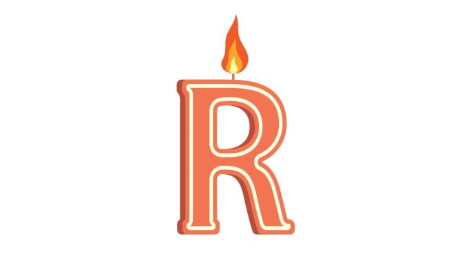 节日蜡烛形状为字母R，字母R，字母蜡烛，生日快乐，节日蜡烛，周年纪念，阿尔法通道