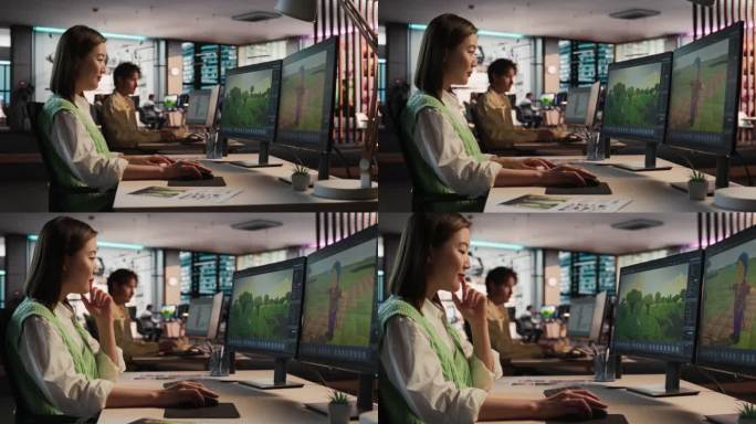 富有创意的亚洲女性使用台式电脑，在3D建模软件中为RPG电子游戏设计独特的世界和角色。女性游戏设计师