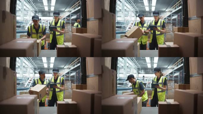 现代传送带物流设施中白人女主管用平板电脑查货。男仓库工人在货车上装箱子准备给客户送订单。