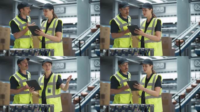 白人女主管和男装货工人在仓库里用平板电脑与自动传送带交谈。一男一女在配送中心处理网上客户的订单。