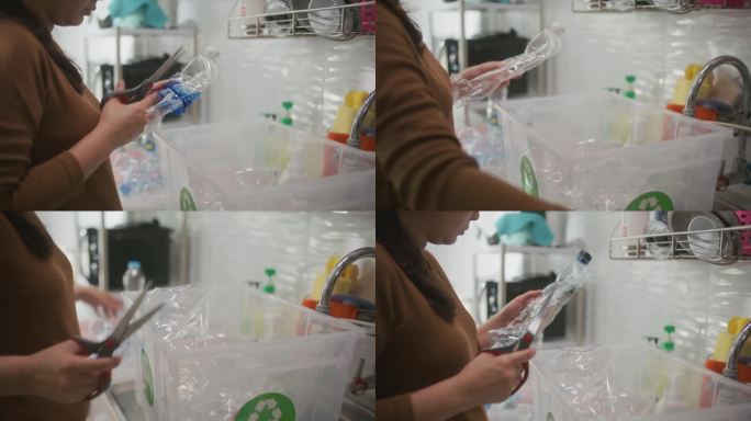 女性垃圾分类，在家保护环境免受塑料污染