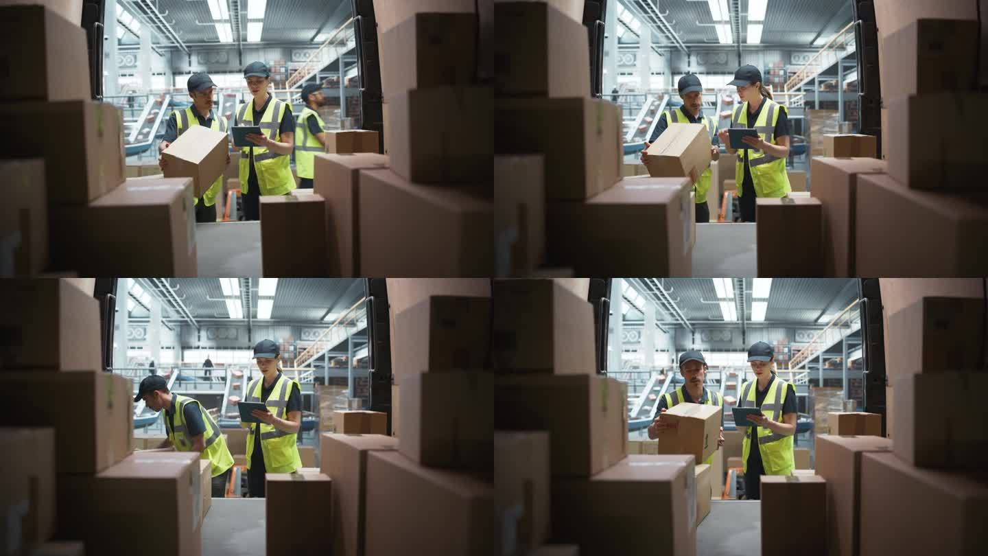 现代传送带配送设施中白人女主管用平板电脑查货。男仓库工人在货车上装箱子准备给客户送订单。