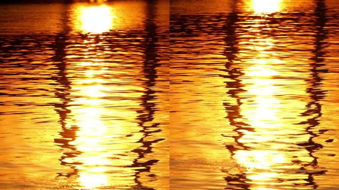 竖屏升格 落日时分金色的江水波纹