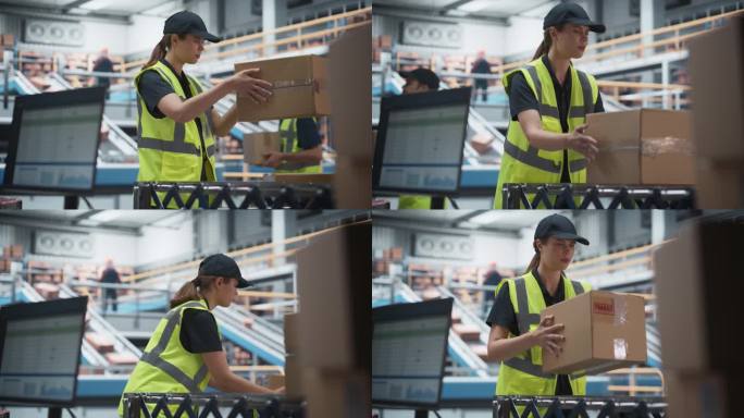 现代分拣中心，白人女装货员把箱子放在自动传送带上。穿着反光工作夹克的妇女正在装载网上订单的包裹，准备