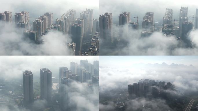 航拍视觉上升到流云面云下房地产楼盘