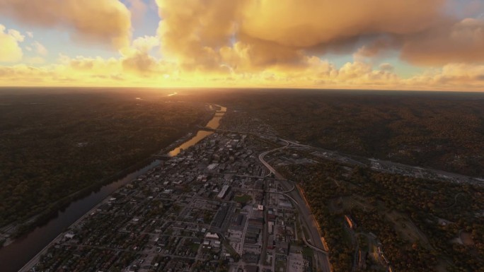 西弗吉尼亚州查尔斯顿市日落时的圆形鸟瞰图。美国