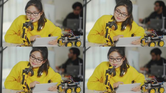 青少年的作品和在实验室测试微型机器人。技术与创新理念。