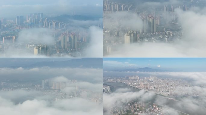航拍视觉上升到流云面云下城市高楼